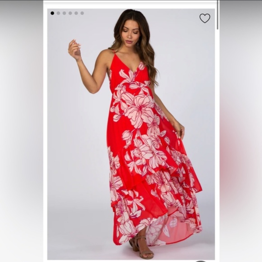 Red Chiffon Floral Hi-Low Tiered Maternity Dress
